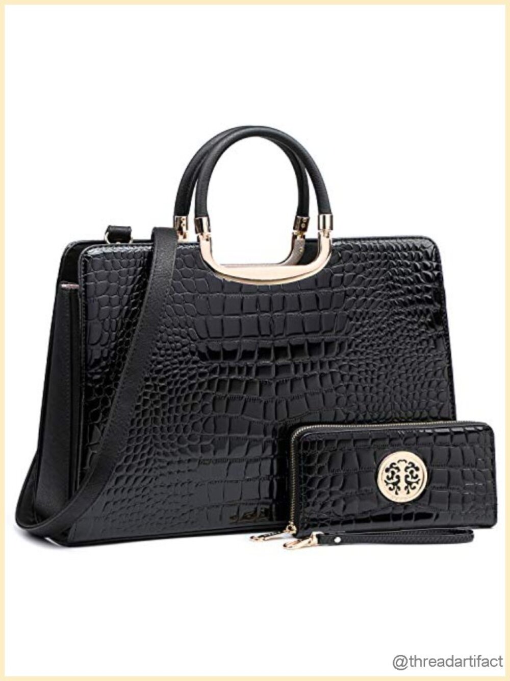 Vegan PU Croco Textured Satchel Purse with Matching Wristlet